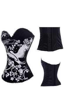 Black Satin Corset With White Bird Butterfly Flower Image Decoration